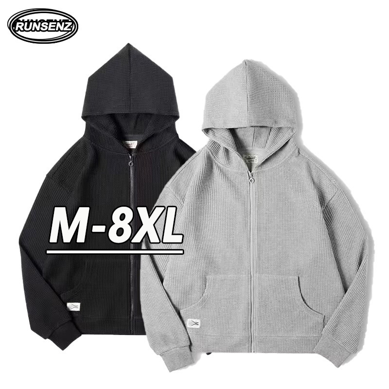 ม-8เอ็กแอล เกาหลีวาฟเฟิลเสื้อกันหนาวหมวกผู้ชายที่เรียบง่ายหลวมสบายๆแขนยาวขนาดบวกเสื้อคลุมด้วยผ้า