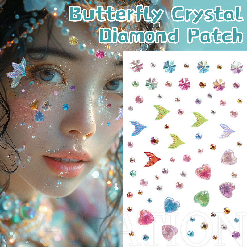 สีภาพลวงตาผีเสื้อคริสตัลเพชรสติกเกอร์-3d Pearls Shell Face Decal-กันน้ํา,Self-Adhesive,หลายองค์ประกอบBody Tattooสติกเกอร์-Stage Party Diyแต่งหน้าDecor
