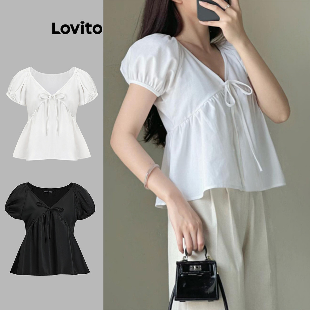 Lovito เสื้อเบลาส์ผู้หญิง มีสายผูก สีพื้น สไตล์ลำลอง L86ED349