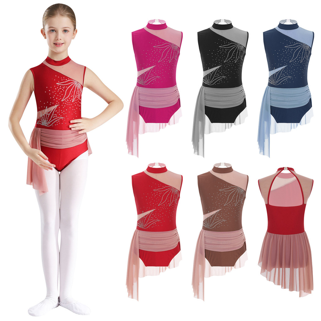 Yruioon เด็กสาวเงา Rhinestone ดอกไม้รูปแบบกระโปรง Leotard Sheer ตาข่าย Patchwork แขนกุด Cutout กลับบอดี้สูทสําหรับสเก็ตเต้นรํายิมนาสติกประสิทธิภาพ