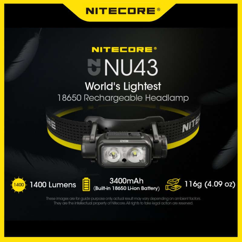 Nitecore NU43 ไฟหน้าแบบชาร์จไฟได้โคมไฟแสงสีขาวและสีแดงกลางแจ้ง Camping ไฟหน้าไฟฉายในตัว 3400mAh แบตเตอรี่