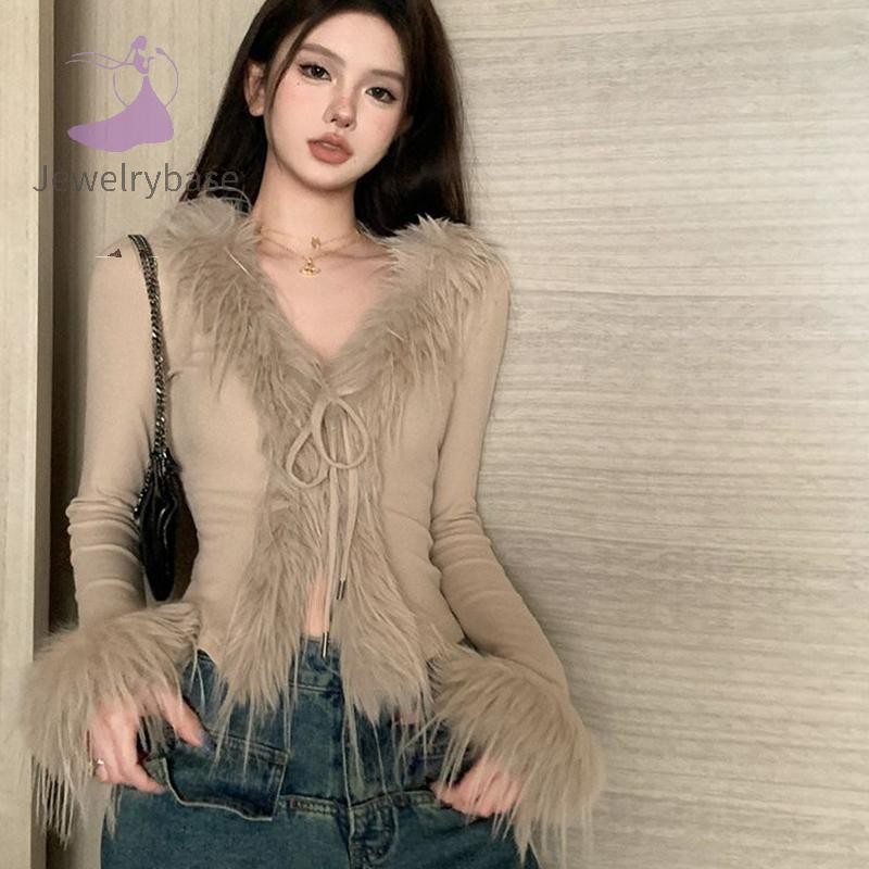 [jewelrybase] เกาหลีสาวร้อน Furry คอวีแขนยาวไม่สม่ําเสมอ Slim เสื้อกันหนาวสั้นคาร์ดิแกน Boutique