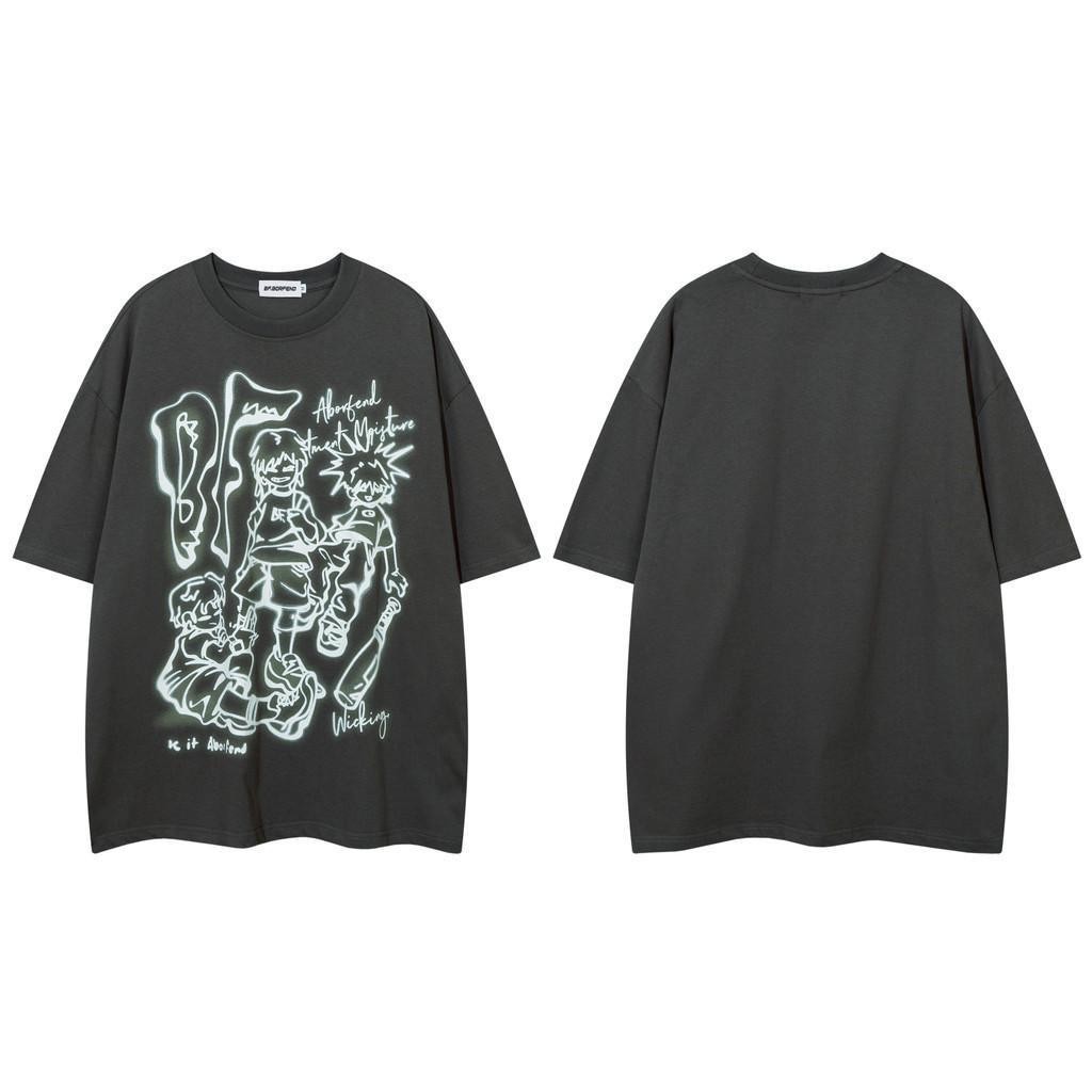 【XRP】Original American Street Graffiti สไตล์พิมพ์รอบคอแขนสั้นเสื้อยืดผู้ชายผู้หญิงหลวม Street Wear C