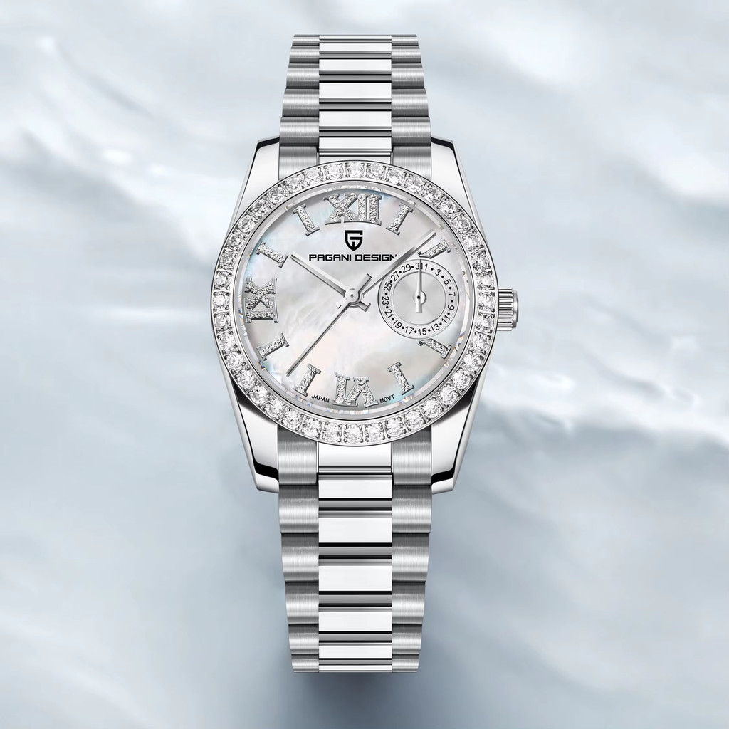 PAGANI DESIGN ต้นฉบับผู้หญิง 32 มม. ควอตซ์นาฬิกาเพชรขอบญี่ปุ่น TMI VH65 แซฟไฟร์แก้ว 100M กันน้ำสแตนเ