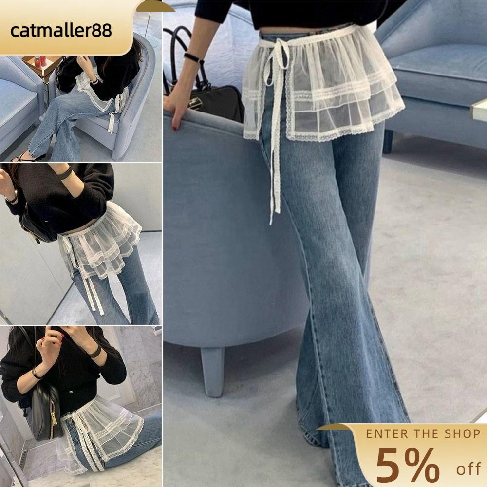 Catmaller88 ลูกไม้มินิกระโปรง,ดูผ่านปักดอกไม้ Lace Up Ruffles กระโปรง, Y2K Streetwear Harajuku Ruched กระโปรงกางเกงยีนส์ตกแต่ง