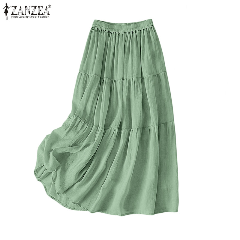 Zanzea ผู้หญิงเกาหลี Ladylike สไตล์เอวสูงสีทึบ Midi A-Line กระโปรงร่ม