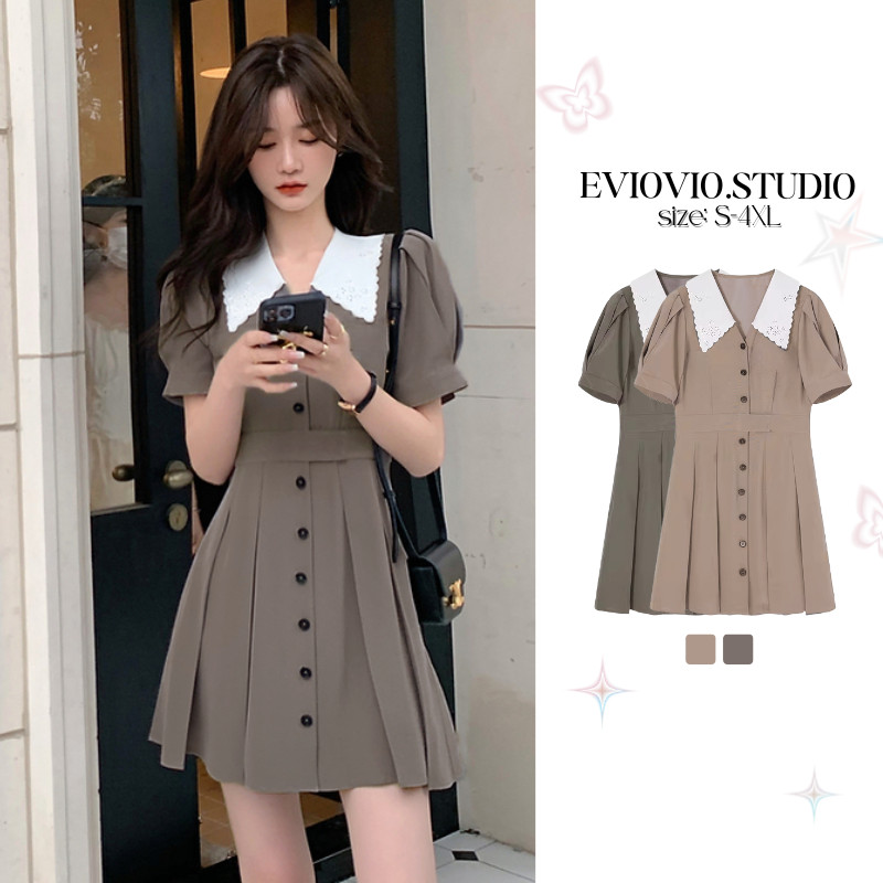 【EVIOVIO】✨S-4XL✨เดรสกระโปรง คอปกฉลุลาย สไตล์วินเทจ แขนพอง หวาน ใส่ทำงาน ออกเดท เดรสสาวอวบ พลัสไซซ์