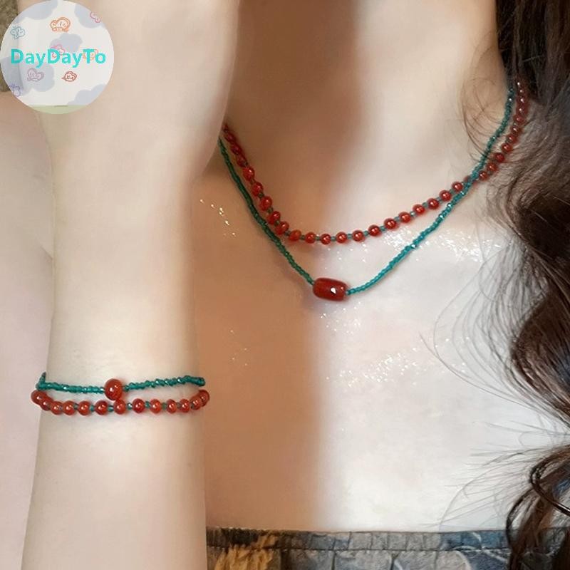 Daydayto Retro ประณีตสีแดงสีฟ้า Contrast สีสันลูกปัดสร้อยคอผู้หญิงสาวหรูหราสร้อยข้อมือเครื่องประดับอุปกรณ์เสริมของขวัญ TH