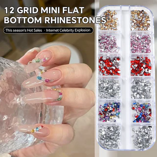 เล็บตกแต่งเล็บคริสตัล Rhinestone เพชร DIY สติกเกอร์เล็บ Mini ด้านล่างแบนที่มีสีสัน 12 กริด 1080 ชิ้น KOUDAN