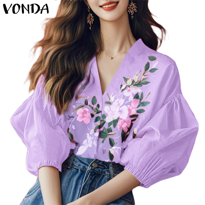 แย่ ผู้หญิงเกาหลีคอวีฟองแขนสั้นดอกไม้พิมพ์เสื้อลําลอง