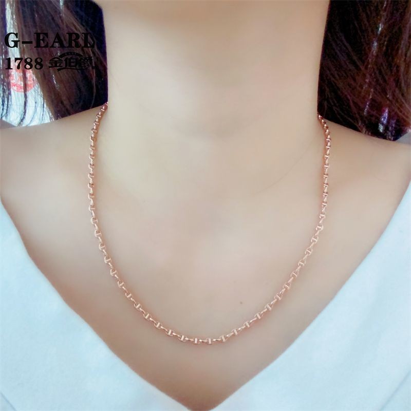 รัสเซีย Au585/14K Rose Gold ธรรมดาทองจมูกหมูญี่ปุ่นสร้อยคอแฟชั่นเงาสีม่วงทอง