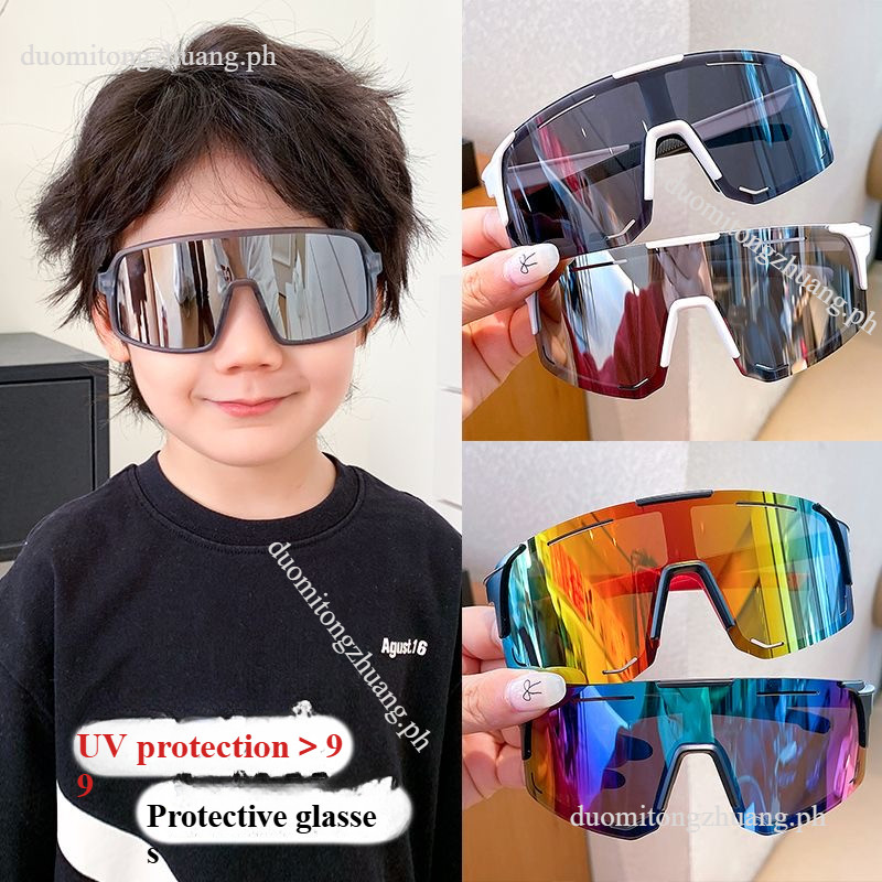 ยูวี>99ป้องกันรังสีอัลตราไวโอเลตขี่จักรยานเด็กแว่นกันแดดสําหรับเด็กชายและเด็กหญิงกรอบสี่เหลี่ยมขนาดใหญ่แว่นกันแดดกันลมแว่นตาขี่จักรยานกลางแจ้งเด็กแว่น 3-12 ป