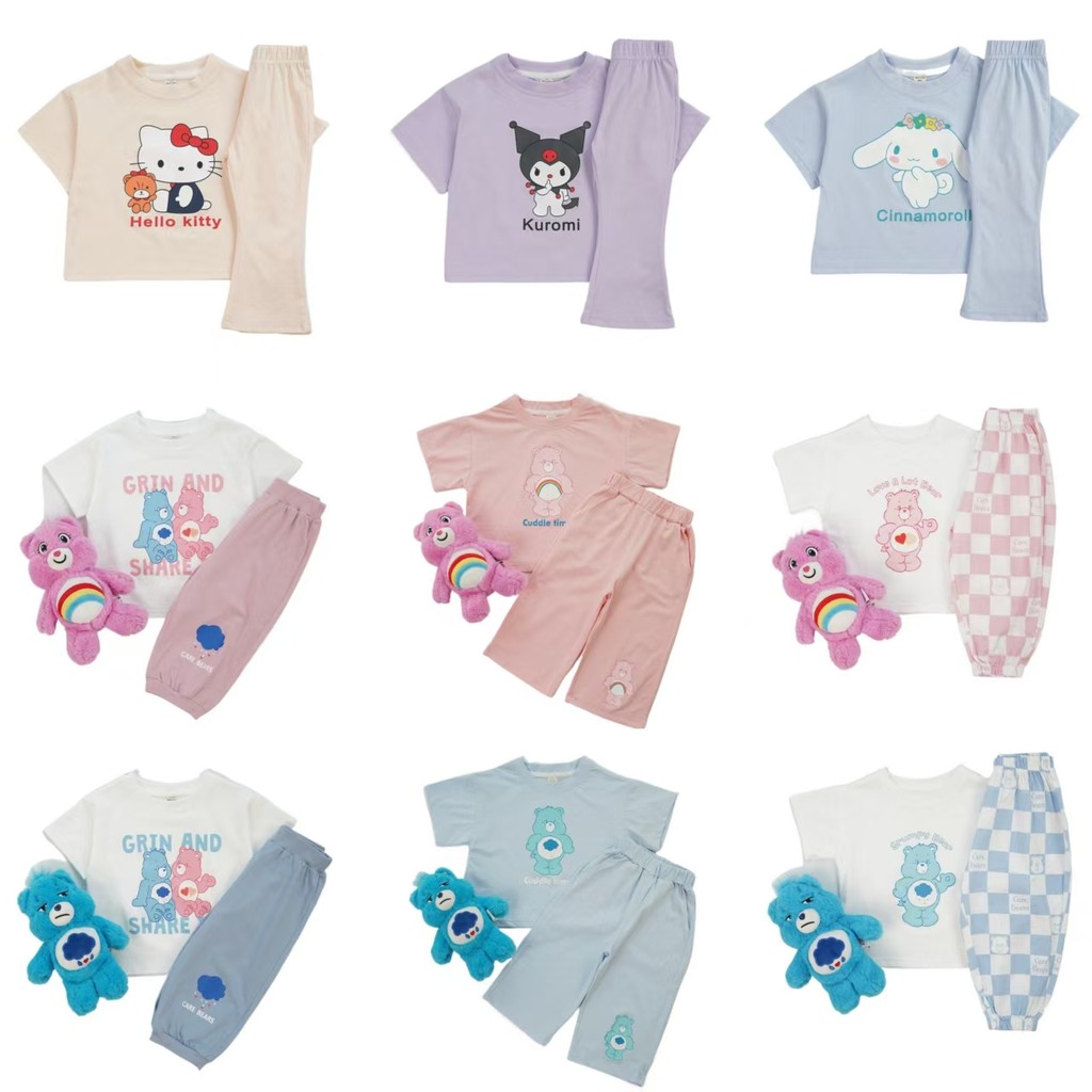 เสื้อผ้าเด็กชุดสูทเด็กเวอร์ชั่นเกาหลีฤดูร้อนสไตล์ใหม่ขนาดเล็กกลาง-เล็กสาว โดปามีน การ์ตูนน่ารักเสื้อยืด อิน กางเกงบานชุดสองชิ้น-0410