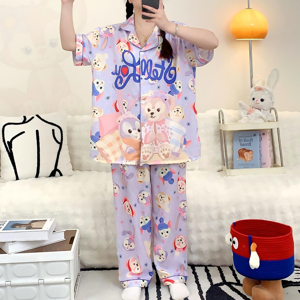 387 E ชุดนอนผู้หญิงผ้าไหมอิตาลีทิ้งตัว ชุดนอนโอเวอร์ไซส์ อก 46 แขนสั้น ขายาว ฟรีไซส์ ใส่สบาย (สินค้าพร้อมส่ง) - รูปที่ 5