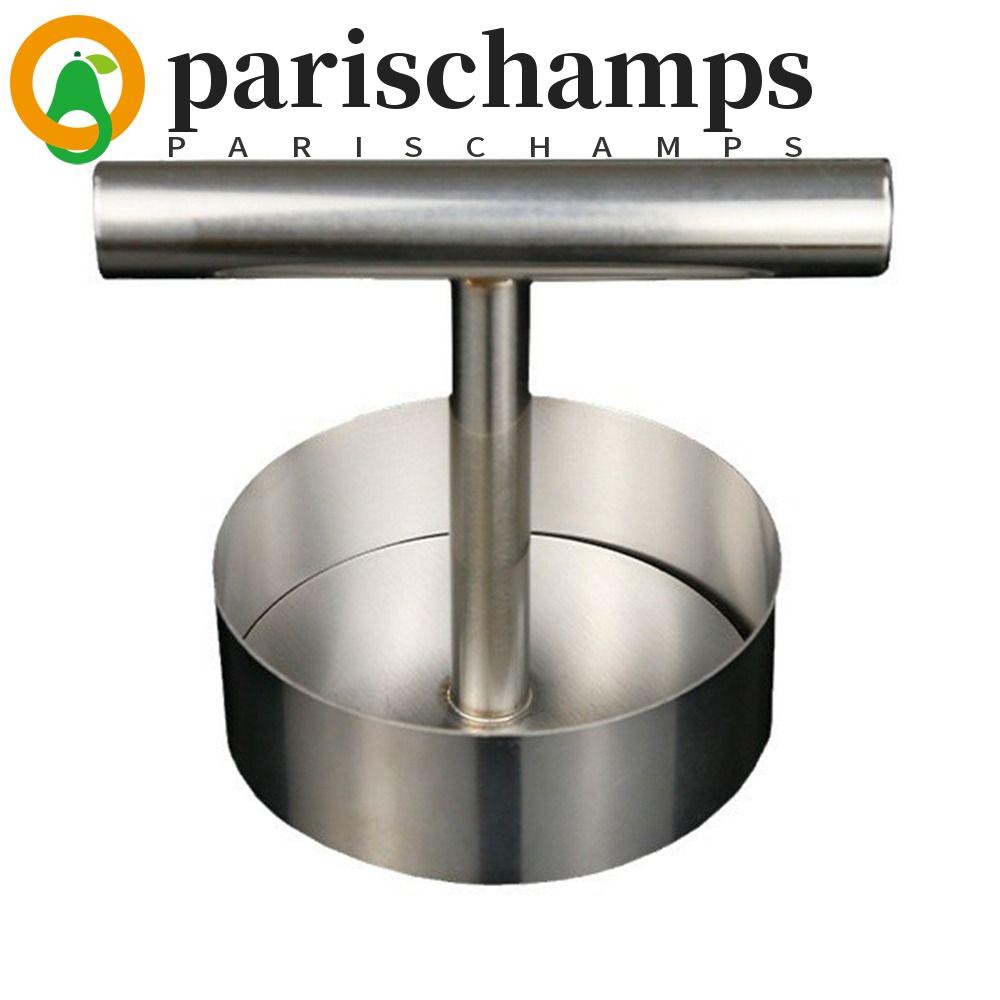 PARISCHAMPS ที่กดแฮมเบอร์เกอร์สแตนเลส, เครื่องทําเบอร์เกอร์หนาทรงกลมปรับได้, ทําความสะอาดง่ายไม่ติดสร้างสรรค์ทนทานคู่มือเนื้อพายกดแม่พิมพ์หมู