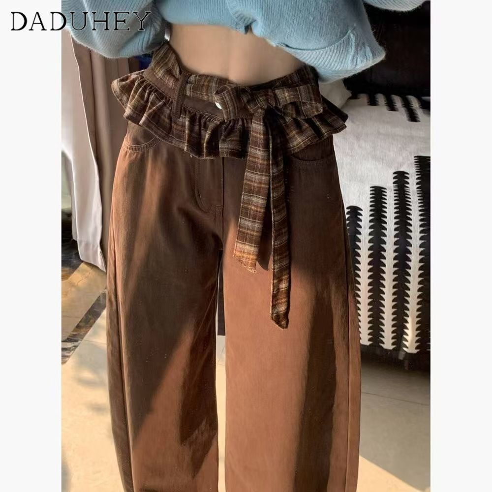 DaDuHey Fashionable Brown Plaid Straight Jeans for Women 2026 Summer New Loose Wide Leg Pants