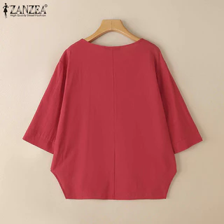 ZANZEA ซานเซีย ผู้หญิงวินเทจย้อนยุคลําลองรอบคอ3/4แขนด้านหน้าสั้นกลับยาวเสื้อ