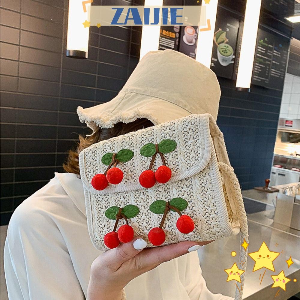ZAIJIE24 กระเป๋าสะพายไหล่,รูปแบบเชอร์รี่ขนาดใหญ่ความจุกระเป๋าถือสุภาพสตรี,ฟางทอสบาย Cross Body Messenger กระเป๋าผู้หญิงหญิง