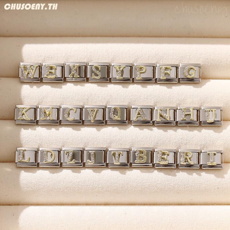 ใหม่แฟชั่น Golden Diamond ตัวอักษร Charm Italian Links Fit 9 มม.สร้อยข้อมือเครื่องประดับสแตนเลส DIY ทํา