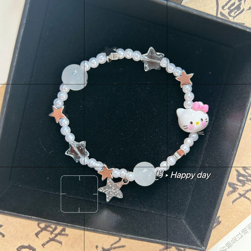 การ์ตูนน่ารัก เคที แมวสร้อยข้อมือหวานเลียนแบบมุกลูกปัดสร้อยข้อมือเครื่องประดับแฟนของขวัญ