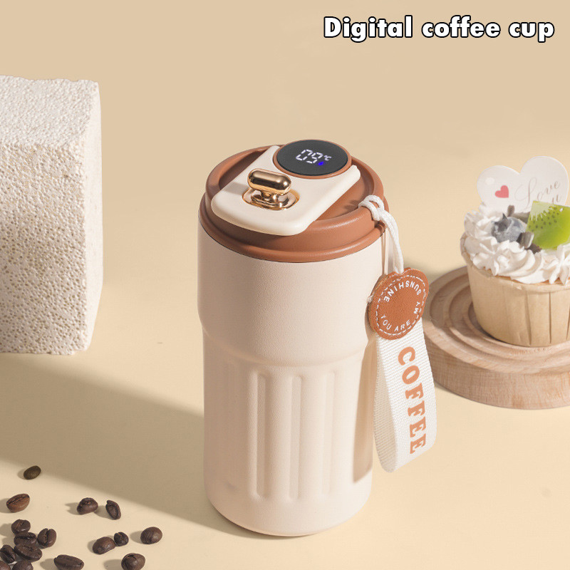 แก้วกาแฟสเตนเลส ฉนวนกันความร้อน 450ml มีฉนวนกันความร้อนแสดงอุณหภูมิ LED แบบพกพา T01246