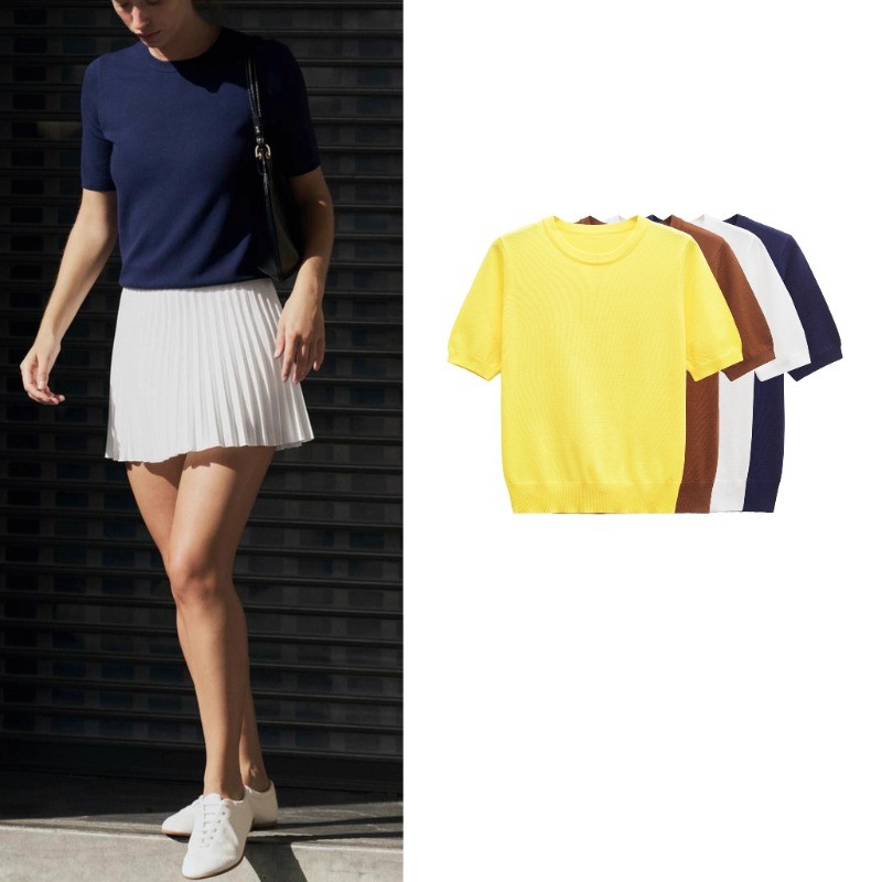 25 Spring Summer สินค้าใหม่ All-Match Sweet Plain Needle Simple Basic Short-Sleeved Knit 8851001 250 ไง