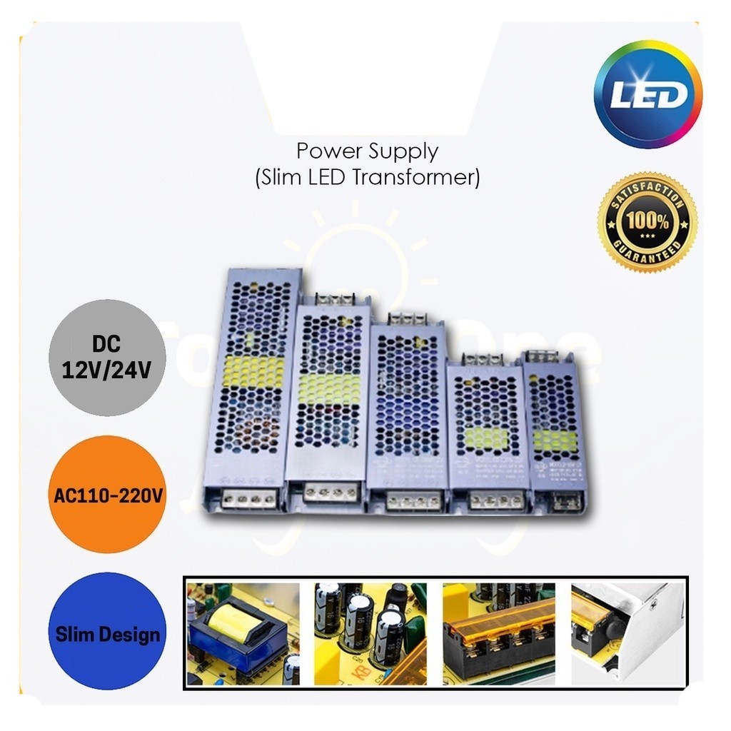 12V 24V แหล่งจ่ายไฟ Slim Transformer 45W 60W 100W 150W 200W 250W 400W 3.8A 5A 8.3A 12.5A 16.7A 20.8A