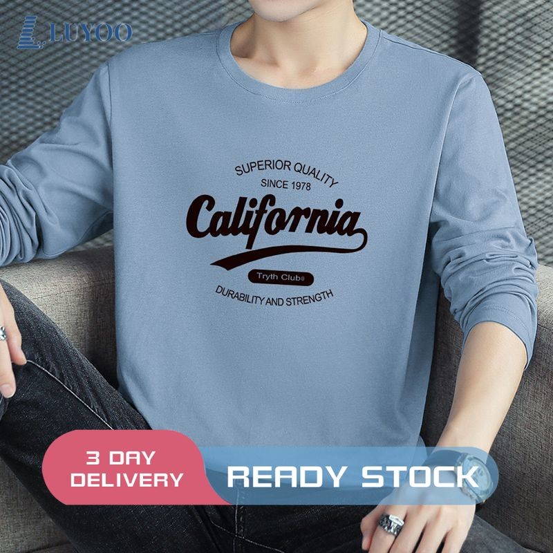 LUYOO เสื้อยืดแขนยาวสําหรับผู้ชายพิมพ์เสื้อยืดลําลองด้านบน