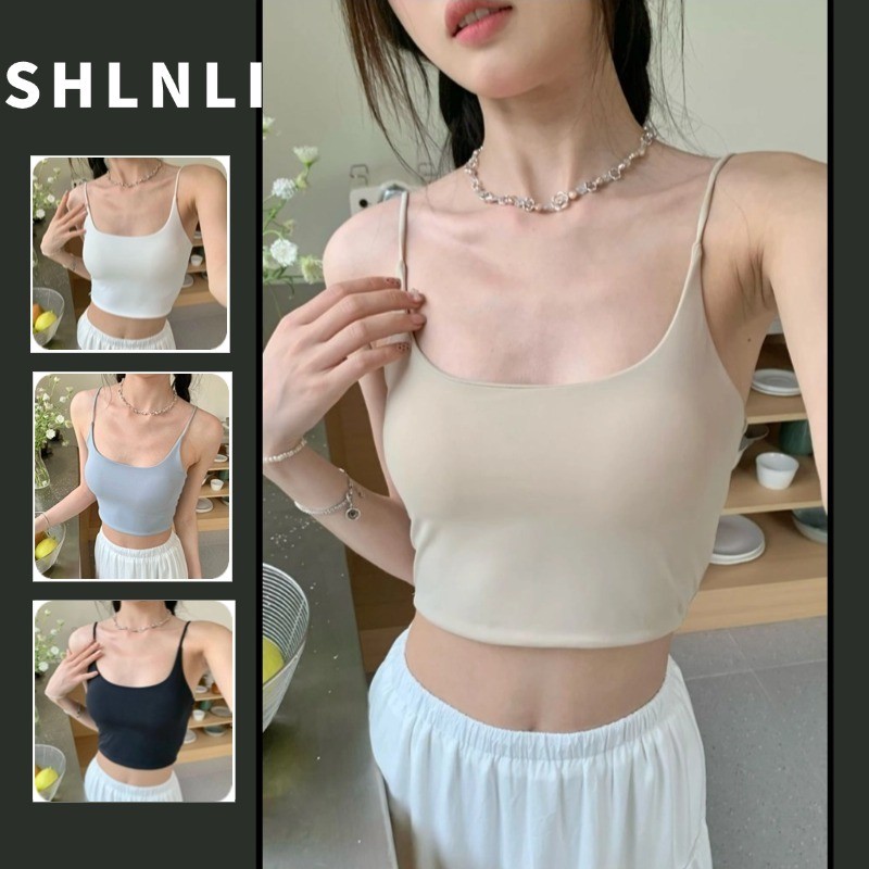 ฤดูร้อนผู้หญิงผ้าไหมน้ําแข็งสีทึบเสื้อกล้ามหวานเรียบง่ายฐานแขนกุดเสื้อกั๊กสั้น