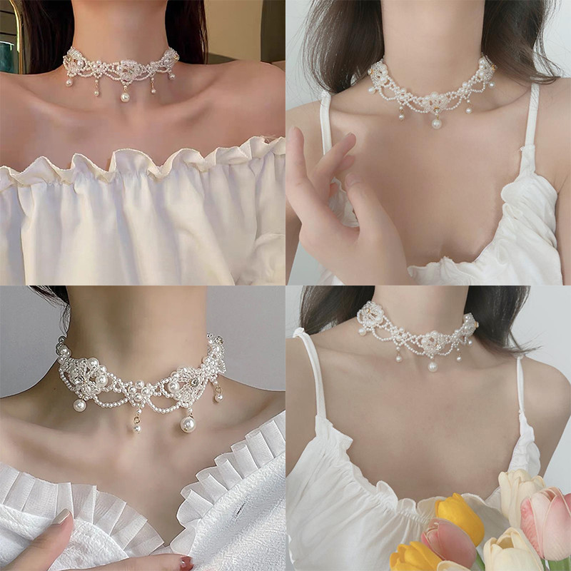 [CRS]สร้อยคอดอกไม้คริสตัลและมุกแฟชั่นหรูหราสําหรับผู้หญิง ราคา ถูกที่สุด ดีลบีเคเค แกลเลอรีภาพที่ 4