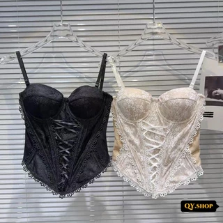 QY.Shop⭐️สินค้าราคาพิเศษ⭐️​พร้อมส่ง เสื้อสายเดี่ยว ทรงรัดรูป สไตล์เกาหลี มีฟองน้ำ ลายลูกไม้สีพื้น "FY1942"