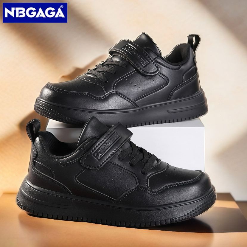 NBGAGA รองเท้าผ้าใบผู้ชาย เด็กผู้ชาย สีขาว ดำ สายรัดเวลโคร แฟชั่นเกาหลี ใส่สบาย