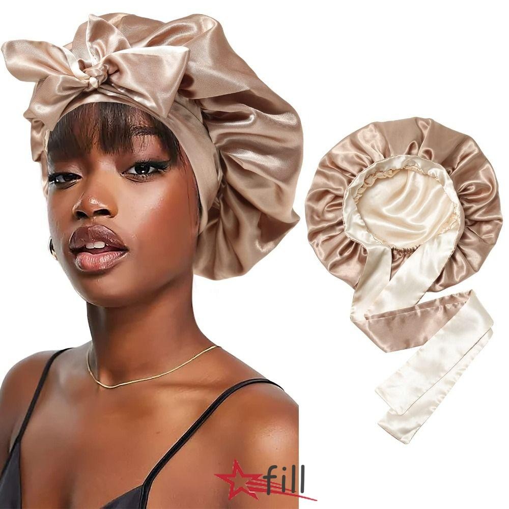 Fill Silky ซาติน Bonnet, Double-layer ยืด Tie Band ซาตินหมวก,นุ่มยืดหยุ่นปรับ Headwear ผ้าไหมผมห่อ Sleeping