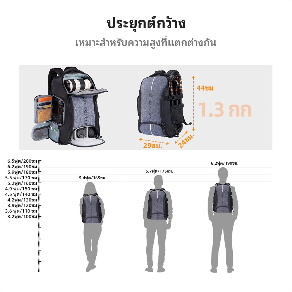 K&F CONCEPT กระเป๋าเป้สะพายหลังถ่ายภาพ Function กันน้ำ ซิปข้าง ช่องแล็ปท็อป Large Capacity Backpack