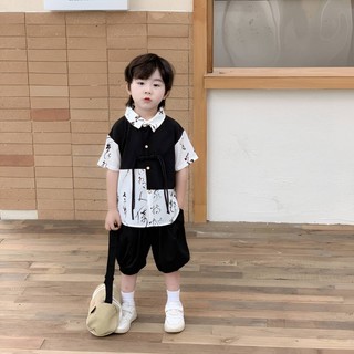 ชุดเด็กผู้หญิงและเด็กผู้ชาย เสื้อแขนสั้น + กางเกงขาสั้น ต่อสี สไตล์จีน สองชิ้น เนื้อผ้าบาง เท่ห์ เด็กเล็ก-วัยรุ่น 80-160 สำหรับหน้าร้อน พร้อมส่ง