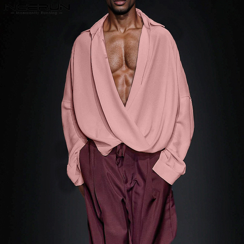 Incerun เสื้อเชิ้ตแขนยาวคอวีลึกแฟชั่นวินเทจ Deconstructed