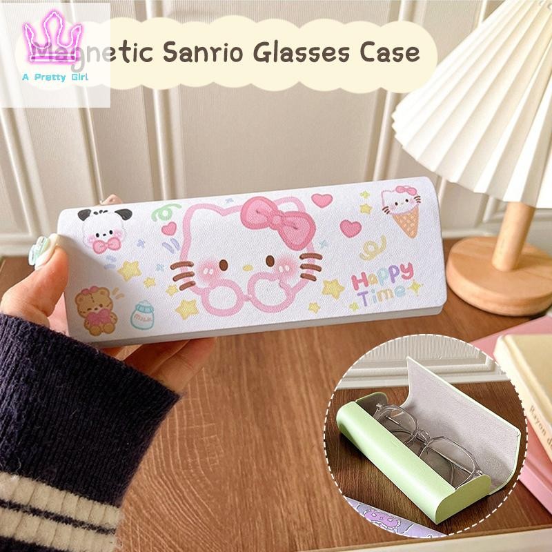 สาวสวย Sanrio Hello Kitty แว่นตาแม่เหล็กกรณี Kawaii Cinnamoroll Kuromi Pochacco แว่นตากล่องเก็บเดินทางแบบพกพาสาวใหม่