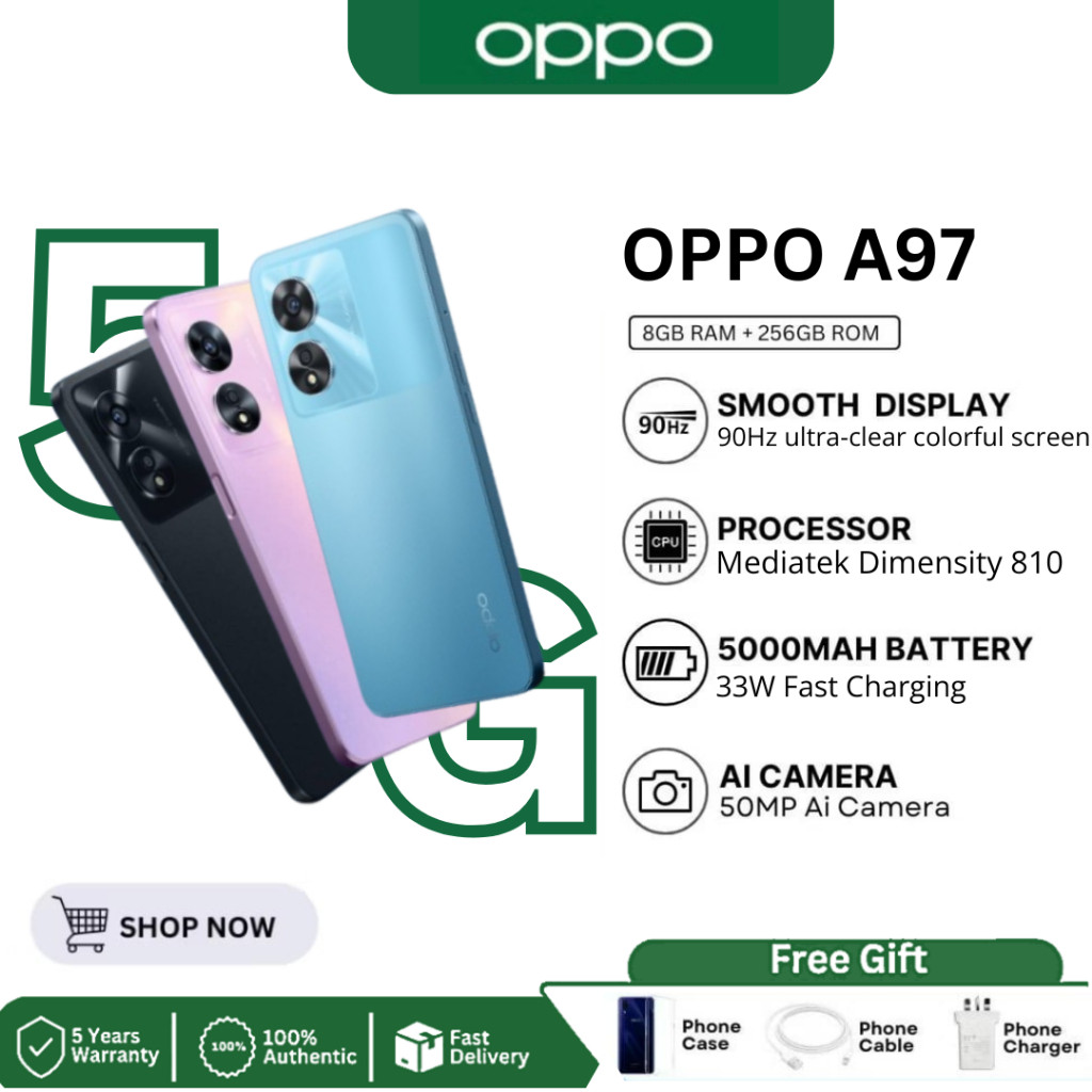 OPPO A97 5G สมาร์ทโฟน 8GB 256GB MediaTek Dimensity 810 6.58 "90Hz IPS LCD 48MP กล้อง 5000 mAh