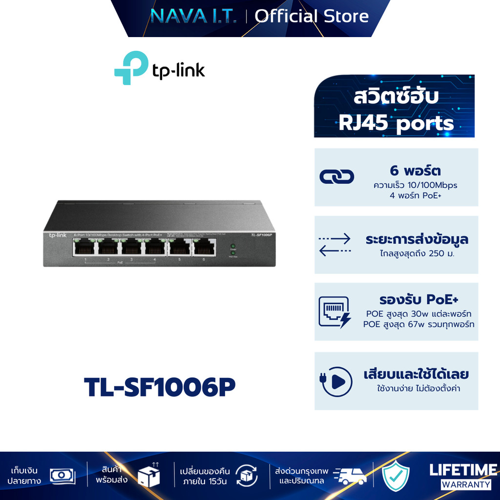 TP-LINK TL-SF1006P SWITCH HUB (สวิตซ์ฮับ) 10/100MBPS DESKTOP POE SWITCH WITH 4 PORT