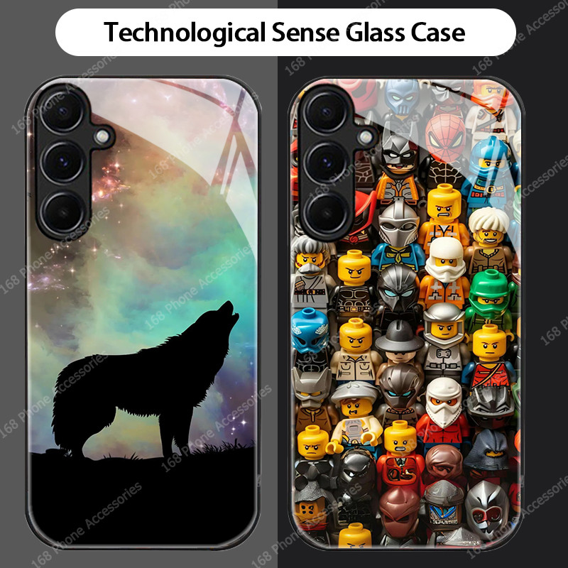 เคส Samsung A55 A54 5G เคสสดใสท้องฟ้าเต็มไปด้วยดวงดาวเย็นหมาป่า LEGO สร้างสรรค์ตุ๊กตาอิฐกันกระแทกกรณีกล้องเลนส์ป้องกันฝาครอบโทรศัพท์สําหรับ Man