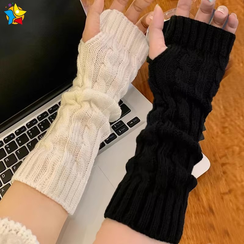 หญิงสาวถักยาว Fingerless ถุงมือฤดูหนาวที่อบอุ่นแขนอุ่น Harajuku Lolita สไตล์ Casual นุ่มโครเชต์ครึ่งนิ้ว