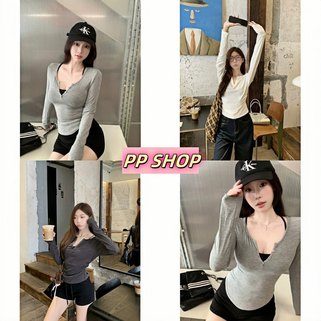 💜PP Shop​💜​พร้อมส่ง เสื้อยืด สีพื้น ผ้าคอตตอนแฟชั่น สไตล์ลำลอง เซ็กซี่ ใส่สบาย เสื้อยืดแขนยาว สไตล์เ