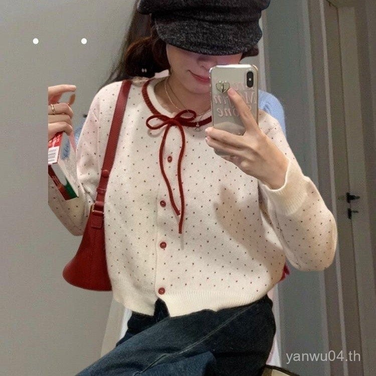 เสื้อคาร์ดิแกนถัก jacquard สำหรับผู้หญิงใส่ด้านนอกเสื้อคาร์ดิแกนแบบสั้นทรงหลวมสำหรับฤดูใบไม้ร่วงและฤดูหนาว
