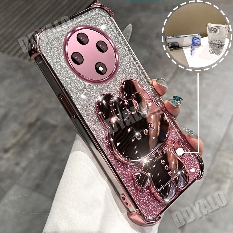 ถุงลมนิรภัยสําหรับ OPPO reno 12F 5G Glitter สี่มุมชุบ anti drop เคสโทรศัพท์การ์ตูน 3D กระต่ายขาตั้ง TPU ปกอ่อน