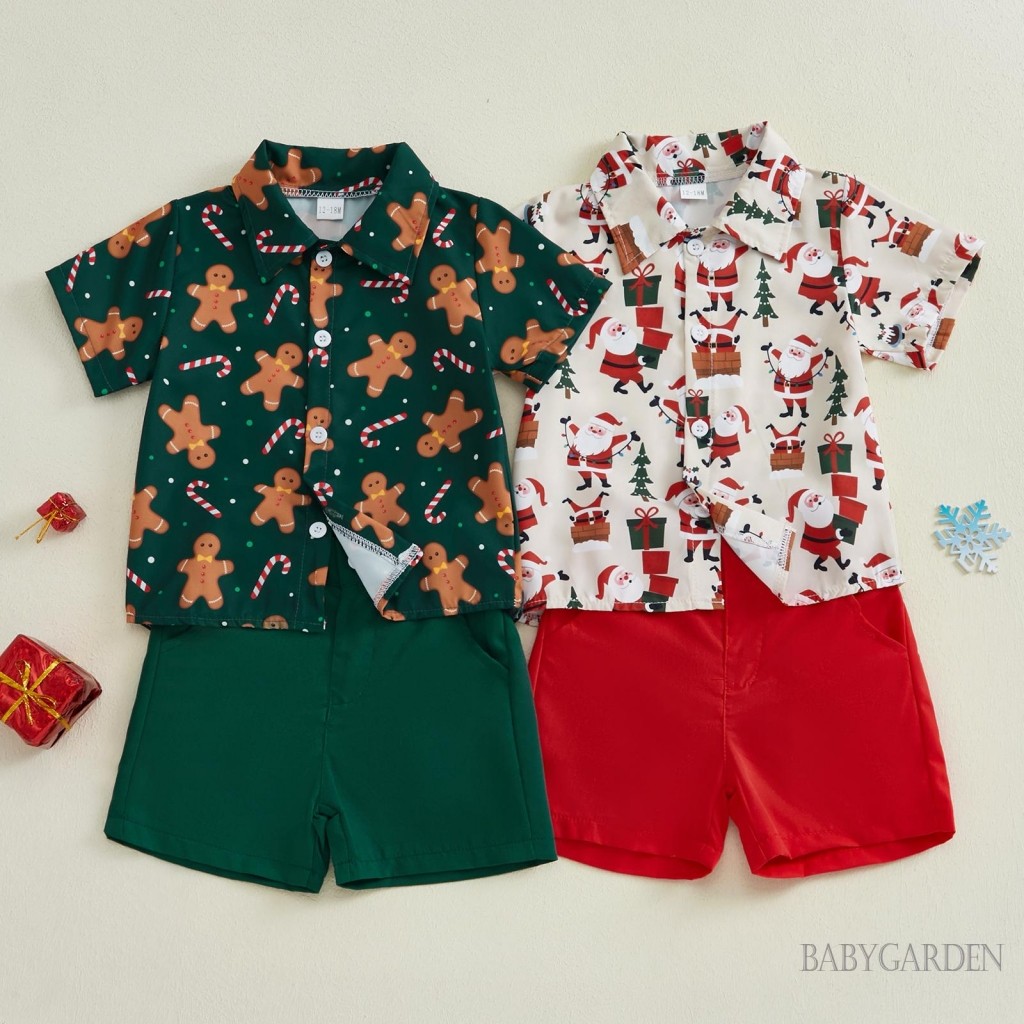 //-1-5years Kids/baby Boy Christmas Set Santa Button-up Short Sleeve Lapel Neck Shirts + กางเกงขาสั้