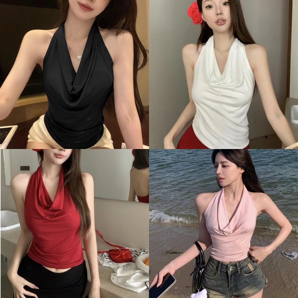 🍒Evelyn🍒เสื้อคล้องไหมพรม ดีเทลเว้าหลังเซ็ก สีพื้น เสื้อแขนกุด ผ้านุ่มนิ่ม สีพาสเทล ใส่สบาย เว้าหลัง
