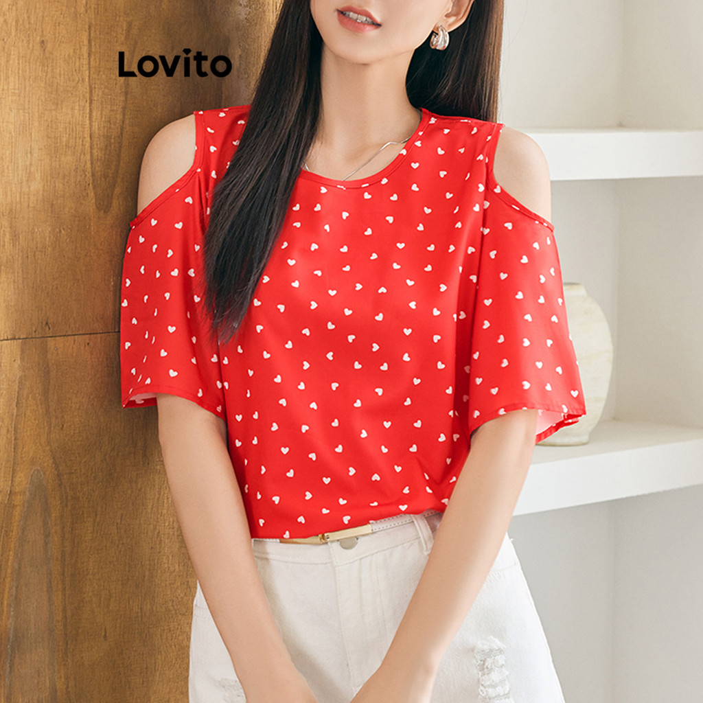 Lovito เสื้อเบลาส์รูปหัวใจแบบสบาย ๆ สำหรับผู้หญิง L95ED861