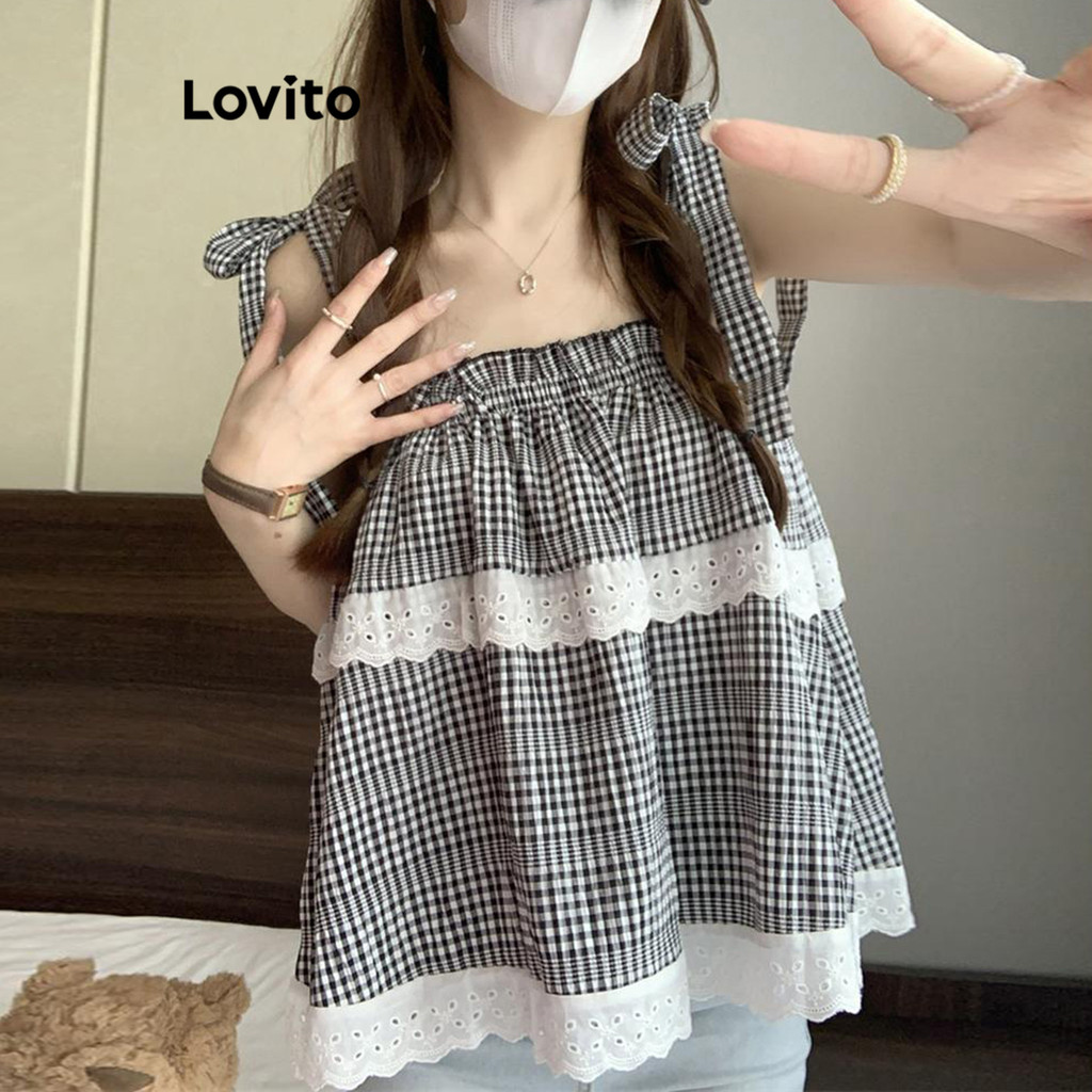 Lovito เสื้อแขนกุดผู้หญิง แต่งผ้าเย็บต่อกัน ลายสก๊อต สไตล์ลำลอง LNA60496