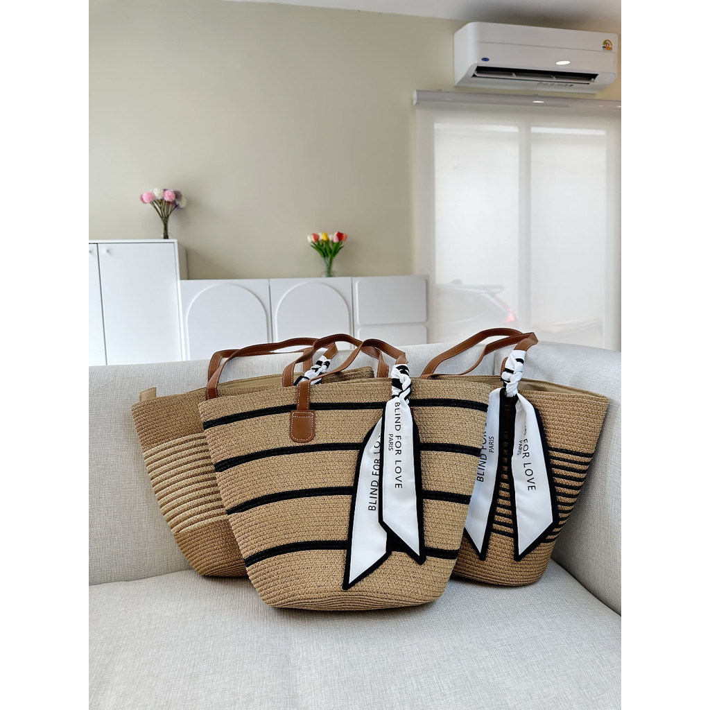 พร้อมส่ง 7 ลาย กระเป๋าสาน สายหนัง สานลาย ทรงshoppping bag minimal P216