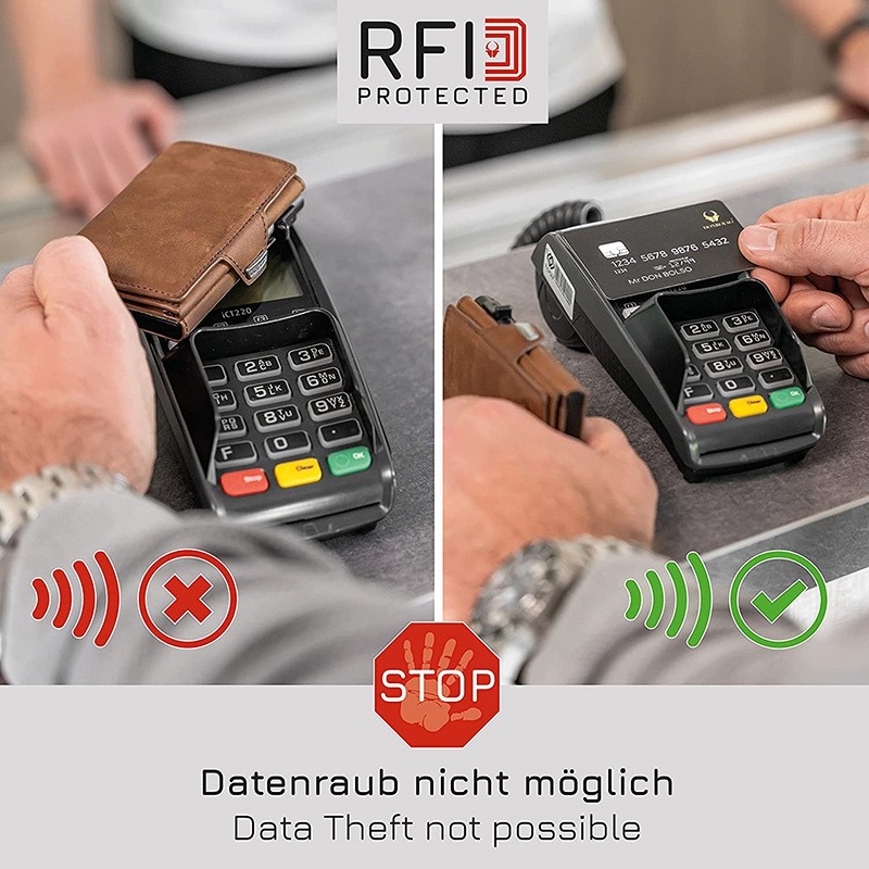 กระเป๋าใส่บัตรสำหรับผู้ชาย หนังแท้ RFID ป้องกันการโจรกรรมแปรงป้องกันแม่เหล็ก กล่องอลูมิเนียม ผู้ถือบัตรเครดิตแฟชั่น